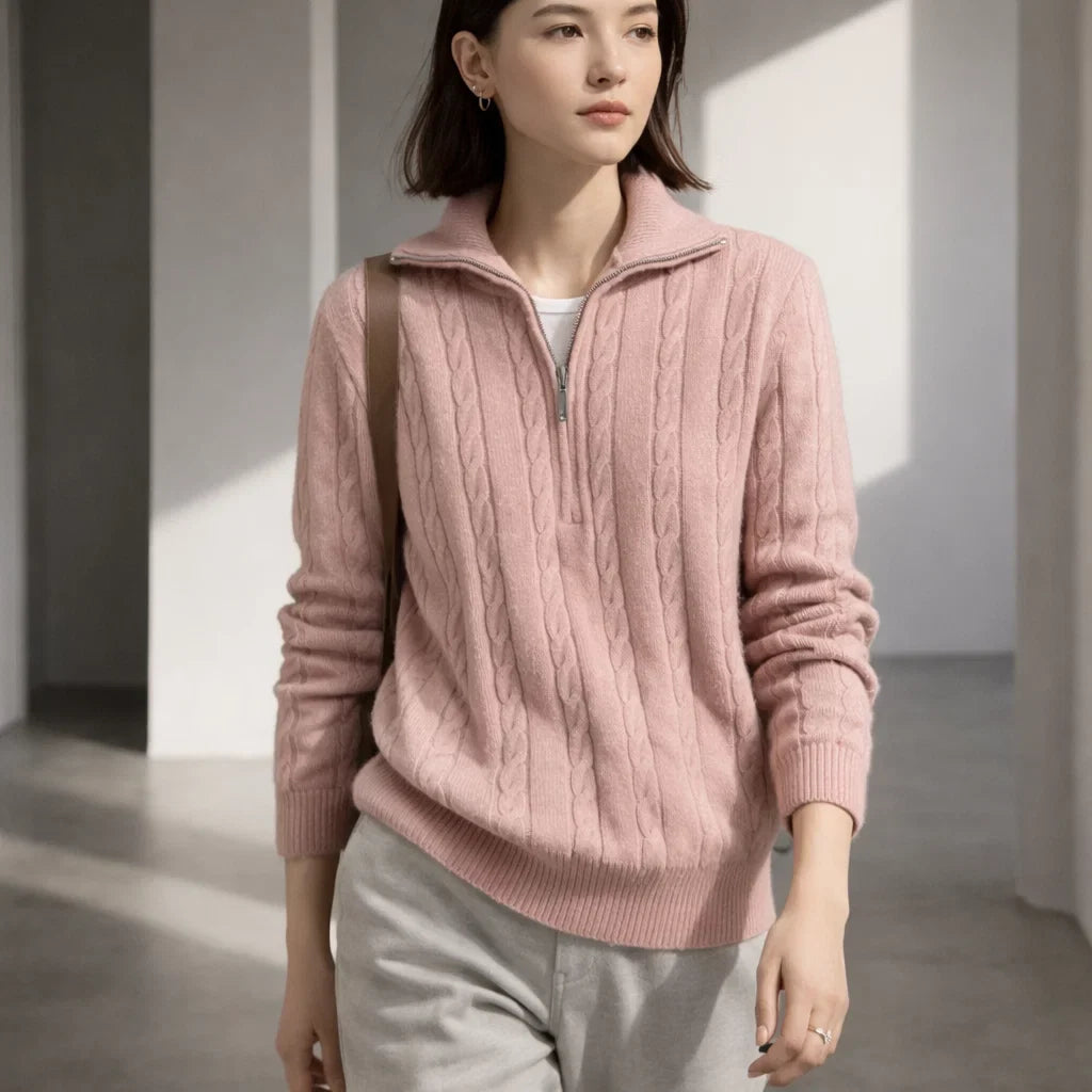 Elora Women's Zip-Neck Cotton Sweater - Soft & Breathable
