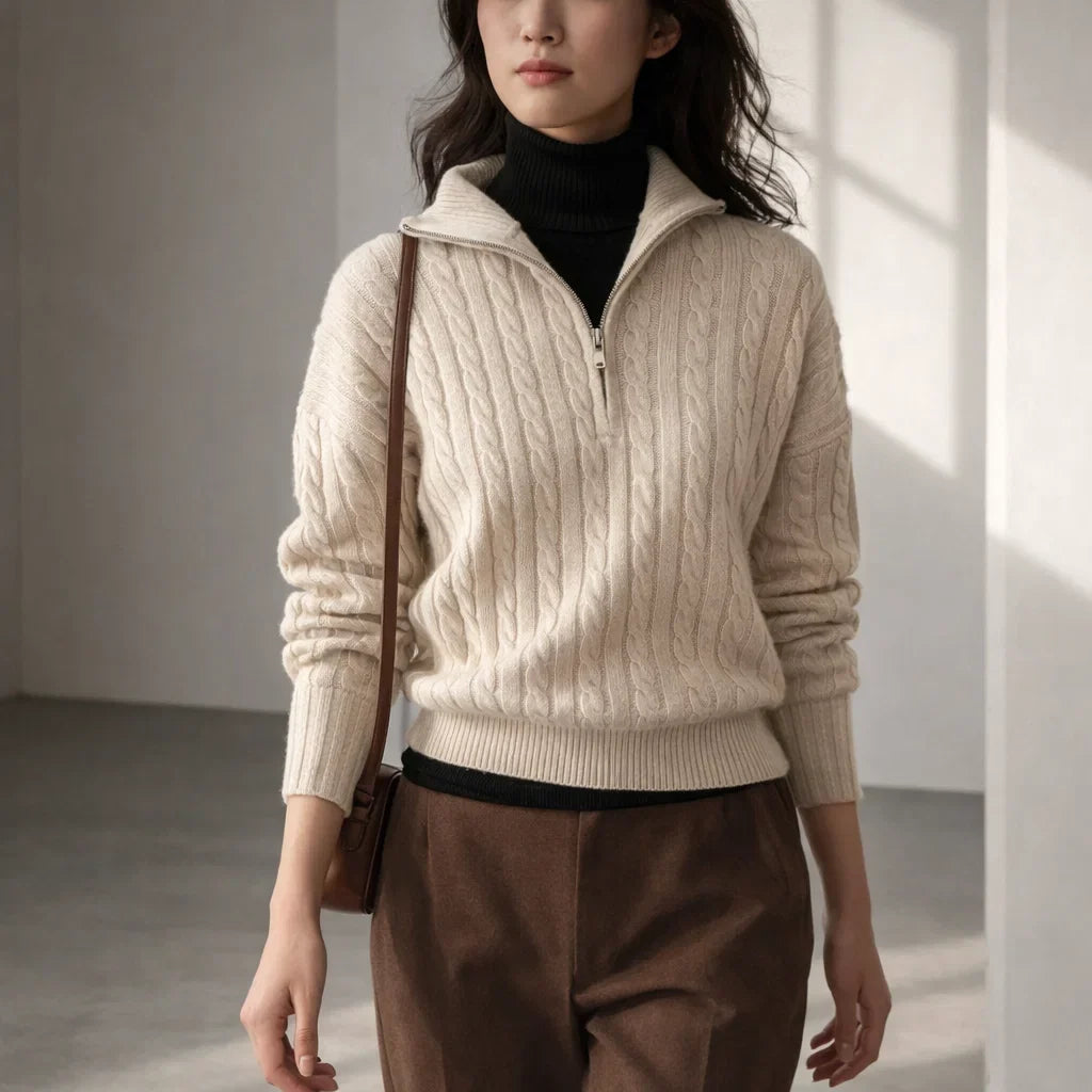 Elora Women's Zip-Neck Cotton Sweater - Soft & Breathable