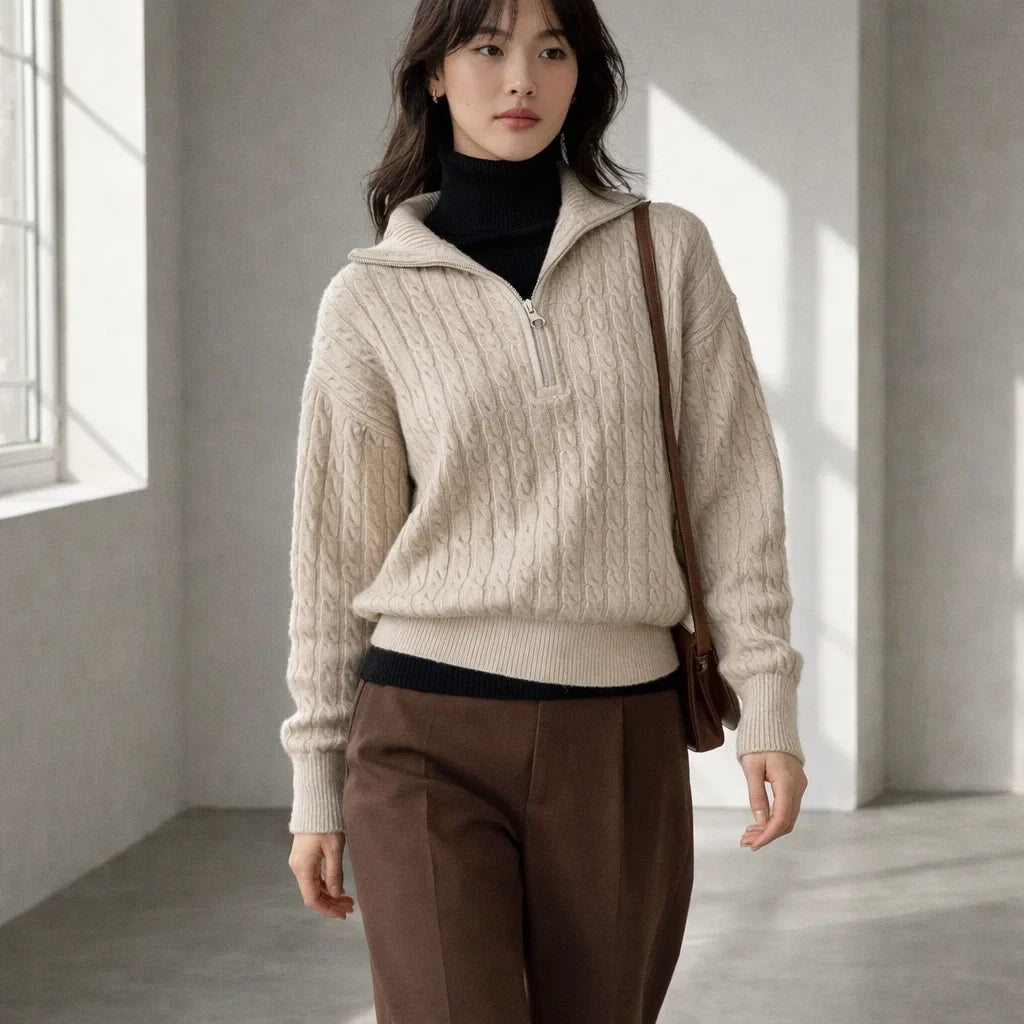 Elora Women's Zip-Neck Cotton Sweater - Soft & Breathable